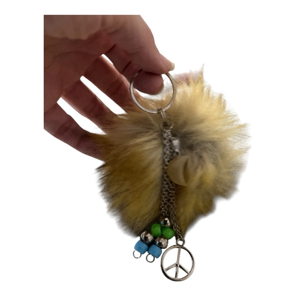 New Faux Fur Keychain with beaded Peace Charm and moon pendant customized